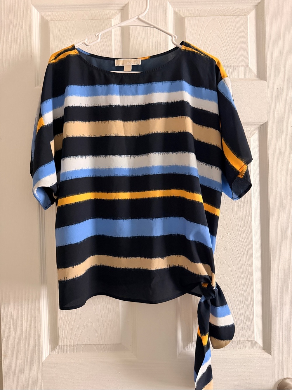 Michael Kors Striped Short-Sleeve Tie-Hem Top in Navy, Blue & Mustard